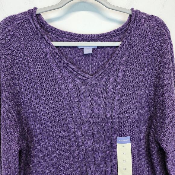 Laura Scott Cable Knit Sweater Size XL Purple V-neck Pullover Lightweight Preppy - Picture 5 of 13